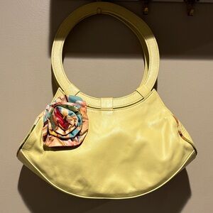 André Yellow Leather Handbag with Floral Accent
